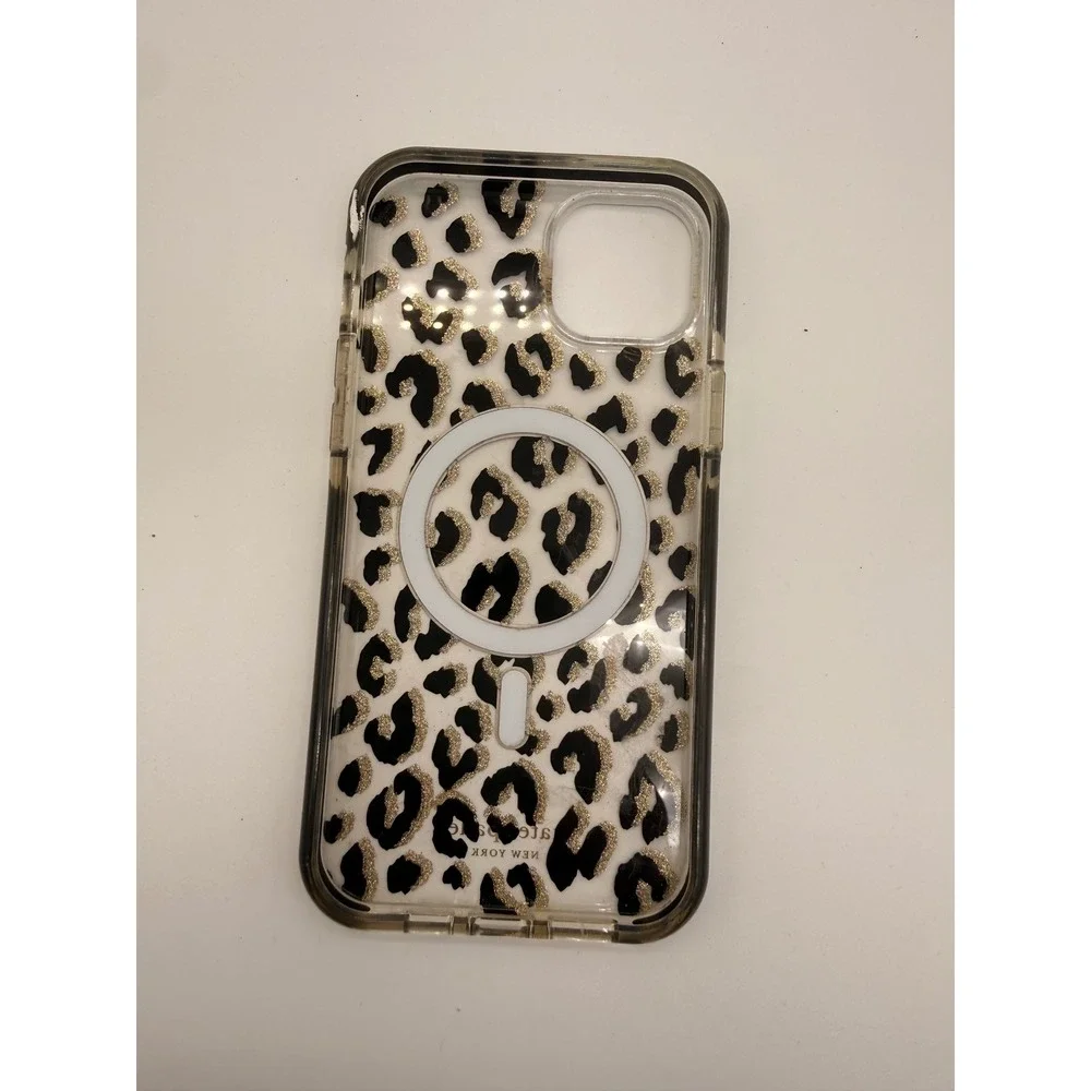 Kate Spade Phone Case iPhone‎ 13 Pro Clear Gold Glitter Leopard MagSafe